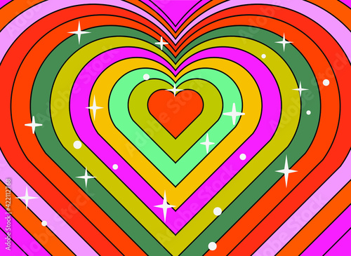Hypnotic heart shaped tunnel. Rainbow retro wallpapper in the mood of the psychedelic 70's.