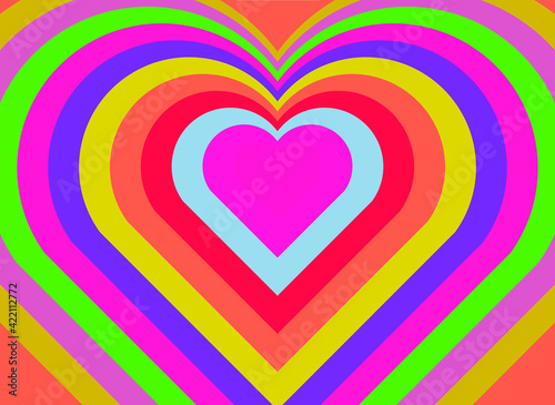Hypnotic heart shaped tunnel. Rainbow retro wallpapper in the mood of the psychedelic 70's.