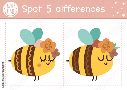 Find differences game for children. Woodland educational activity with funny bumblebee. Printable worksheet with cute insect. Spring nature puzzle for kids. Forest preschool sheet.