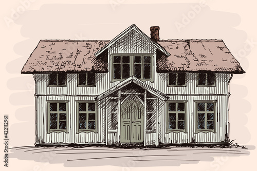 Hand sketch on a beige background. Abandoned old rustic wooden house.
