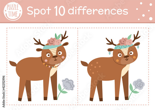 Find differences game for children. Woodland educational activity with funny deer. Printable worksheet with cute animal. Spring nature puzzle for kids. Forest preschool sheet.