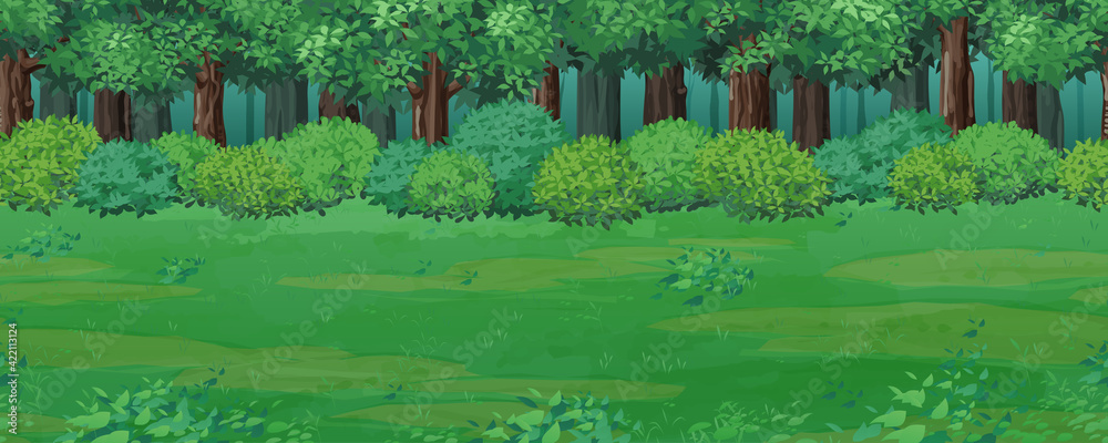 森と草原の風景イラスト 横スクロールゲームの背景 シームレス Stock Vector Adobe Stock