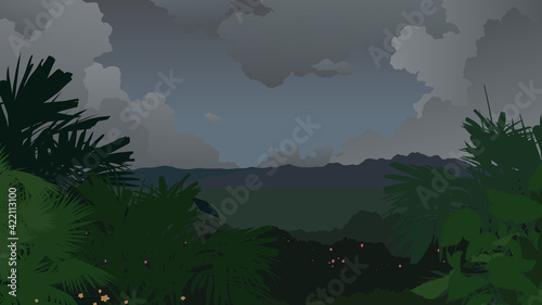 Aesthetic wild tropical jungle scene landscape illustration, dark stormy sky, lost in the wood vibe