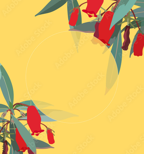 Tropical red and green plant on pastel yellow background minimal card with circle opacity for logo or copy space/ print template design summer vibe, flat detail drawing style