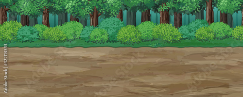 森の中にある土の道の風景イラスト_横スクロールゲームの背景_シームレス