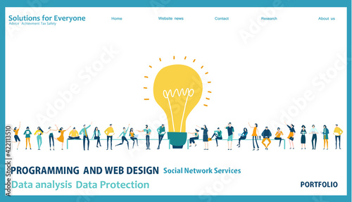 Flat design website or app page template. Financial services, banking, strategic planning, development, business solutions, consulting, market research, teamwork, data analyse, support, security 