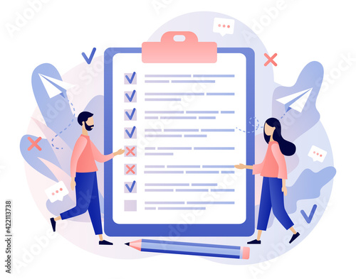 Online survey concept. Tiny people filling survey form. Feedback service. Internet surveying, questionnaire, customers voting. Modern flat cartoon style. Vector illustration on white background