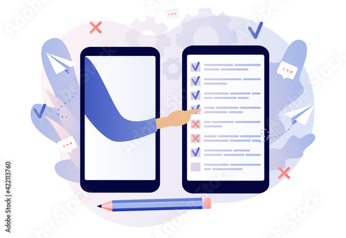 Online survey concept. Tiny people filling online survey form in smartphone app. Feedback service. Internet surveying, questionnaire, customers voting.  Modern flat cartoon style. Vector illustration