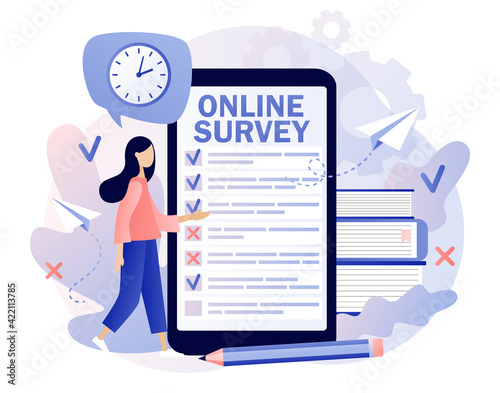 Online survey concept. Tiny woman filling online survey form in smartphone app. Feedback service. Internet surveying, questionnaire, customers voting.  Modern flat cartoon style. Vector illustration