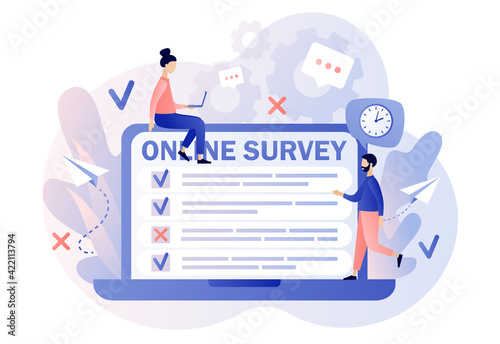 Online survey concept. Tiny people filling online survey form on laptop. Feedback service. Internet surveying, questionnaire, customers voting  Modern flat cartoon style. Vector illustration