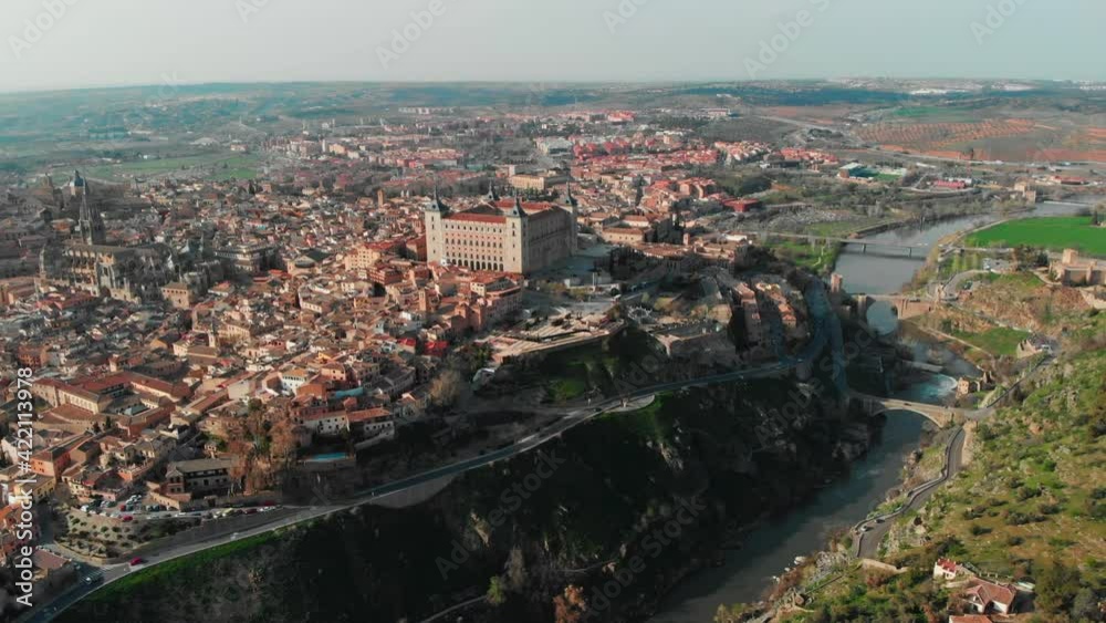 Aerial panoramic drone point of view historical city of Toledo. Castilla–La Mancha, declared World Heritage Site by UNESCO. Travel and tourism, famous tourist attraction place concept. Spain. Europe