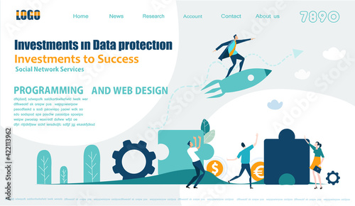 Flat design website or app page template. Financial services, banking, strategic planning, development, business solutions, consulting, market research, teamwork, data analyse, support, security 
