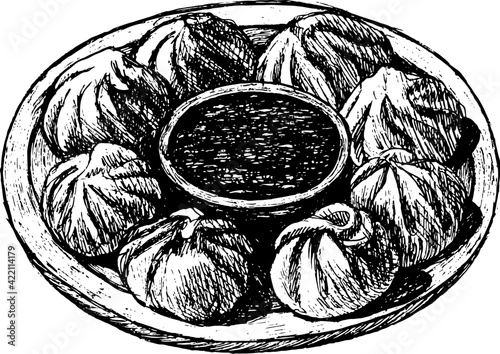 Momos - Nepal dumplings. Realistic sketch illustration. Chinese food. Design for flyer, restaurant menu etc. Vector artwork