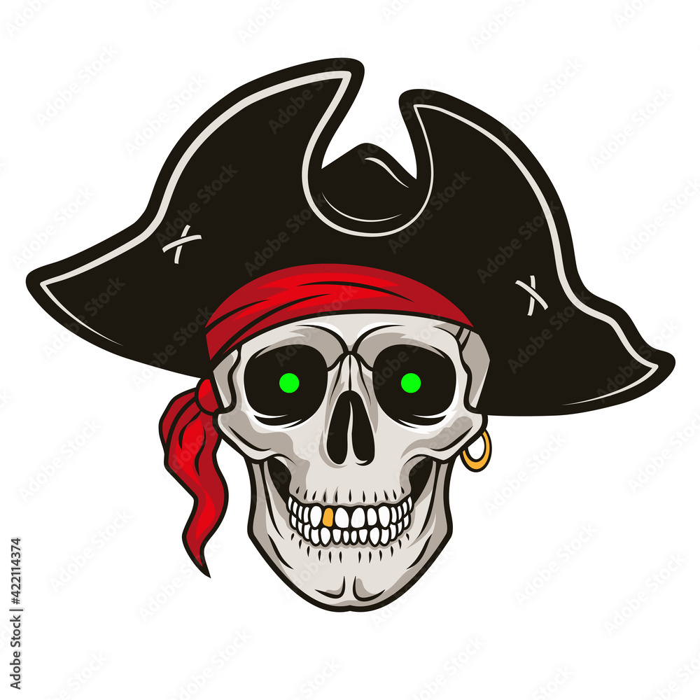 Pirate skull with a hat, red bandana, green glowing eyes. Vector hand ...