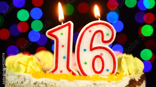 Number 16 Happy Birthday Cake Witg Burning Candles Topper.