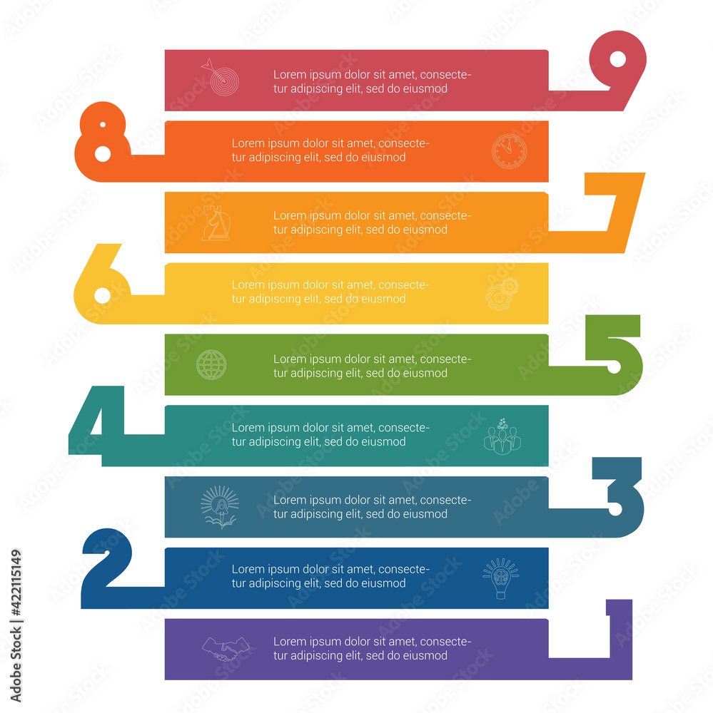 Obraz premium Horizontal colorful stripes infographic template 9 positions for informations. Concept Business Strategy. Universal template for projects on white background.