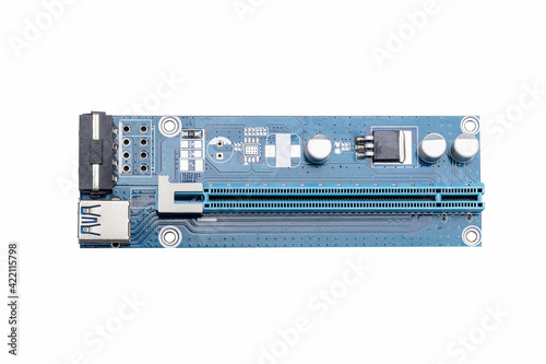 blue pci riser extender adapter isolated on white background. mining equipment cut out