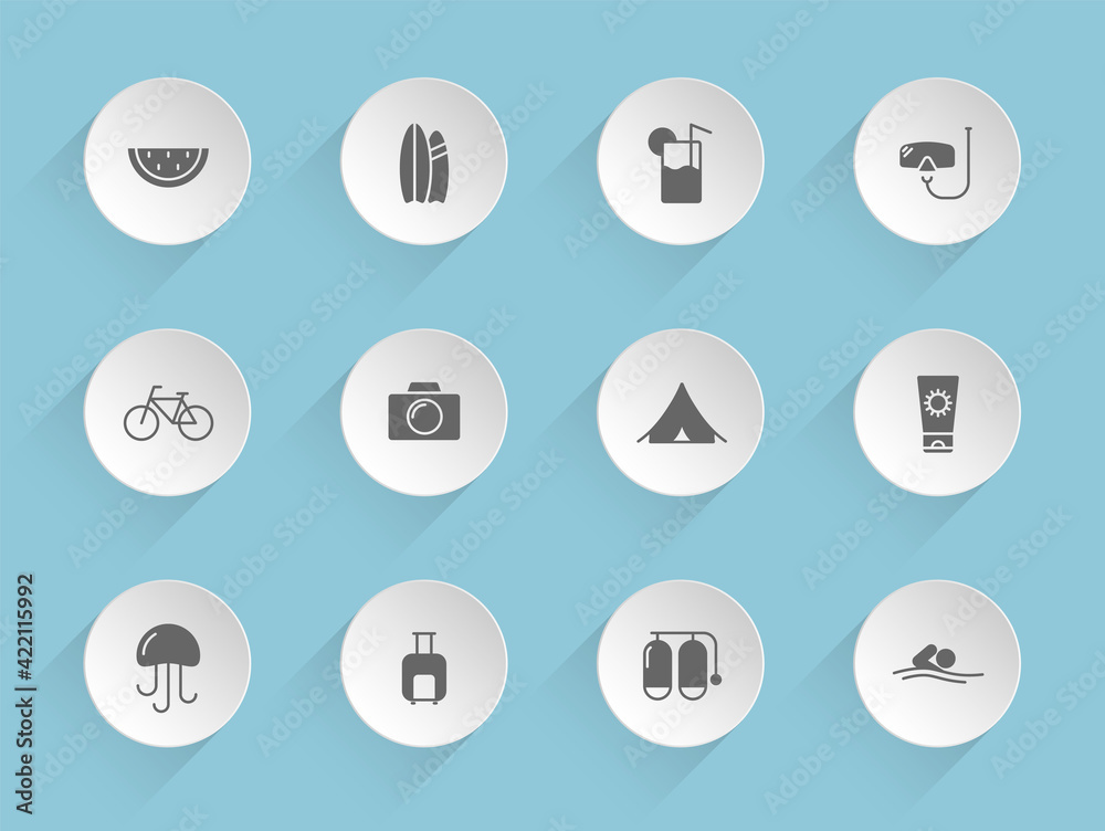 summer vector icons on round puffy paper circles with transparent shadows on blue background. summer stock vector icons for web, mobile and user interface design