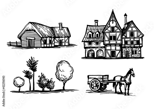 Ink sketches set of rural scenes.