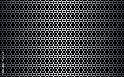 Metal hexagon texture. Steel honeycomb background. Futuristic metal mesh. Light perforated sheet. Industrial hexagonal backdrop. Modern steel construction. Vector illustration