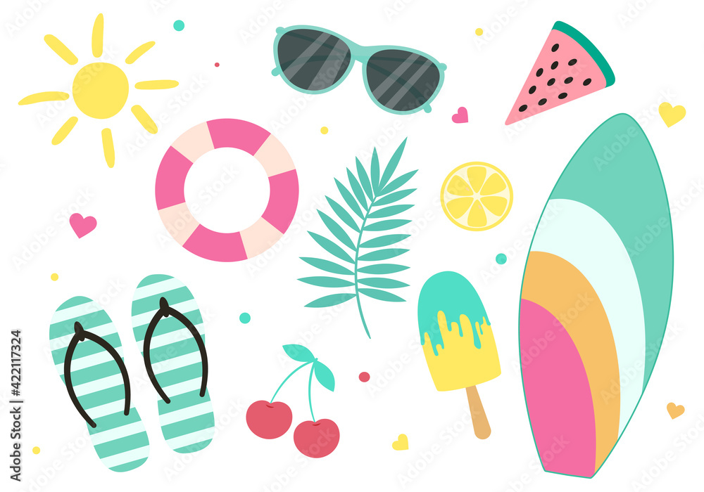 Collection of summer vector elements. A set of simple colorful vacation items in flat style. Illustration isolated on white background. Surfboard, sunglasses, ice cream, watermelon
Collection of summer vector elements. A set of simple colorful vacation items in flat style. Illustration isolated on white background. Surfboard, sunglasses, ice cream, watermelon