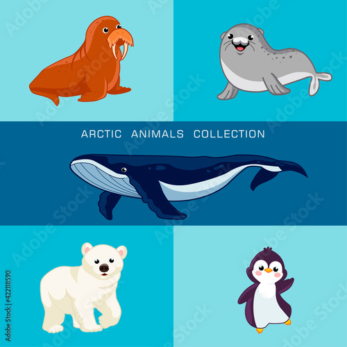Vector set of Arctic and Antarctic animals. Penguin, polar bear, seal, deer, whale, Flat style symbol illustration