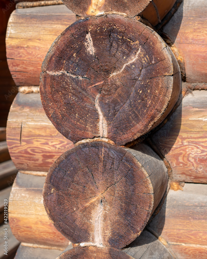 Wooden log background. Round cylindrical logs in wall as structure and material for ecological cottage construction of houses according to old technologies. Element of log construction of wooden house Wooden log background. Round cylindrical logs in wall as structure and material for ecological cottage construction of houses according to old technologies. Element of log construction of wooden house