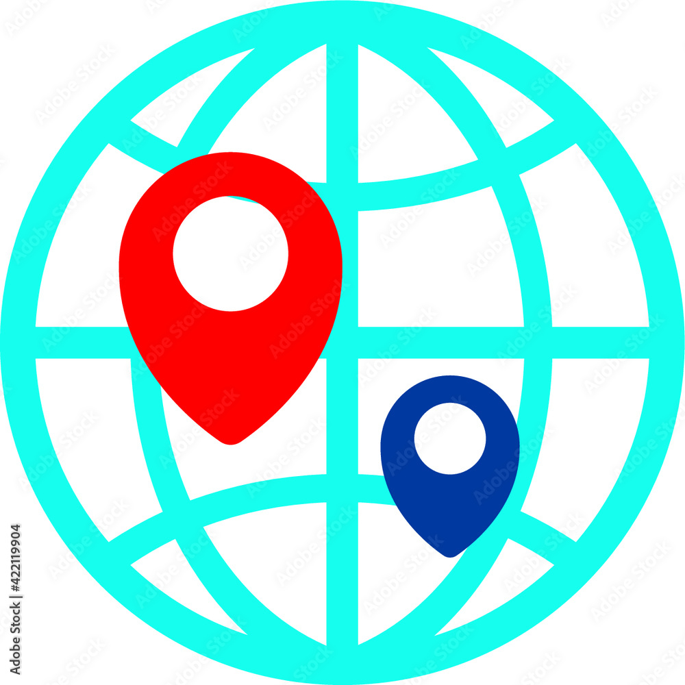 Globe symbol and navigation marker on it. Icon geolocation and destination path. Vector illustration in flat style. Globe symbol and navigation marker on it. Icon geolocation and destination path. Vector illustration in flat style.
