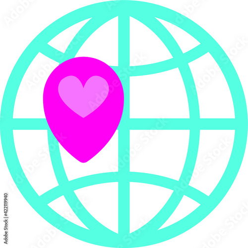Globe symbol and navigation marker on it. Pointer in the form of a red heart. Travel to family or to love. Icon geolocation and destination path. Vector illustration in flat style.