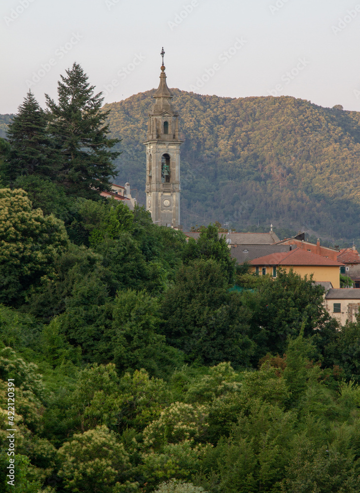 The bell tower of the temple is surrounded by houses and dense vegetation against the backdrop of mountains.