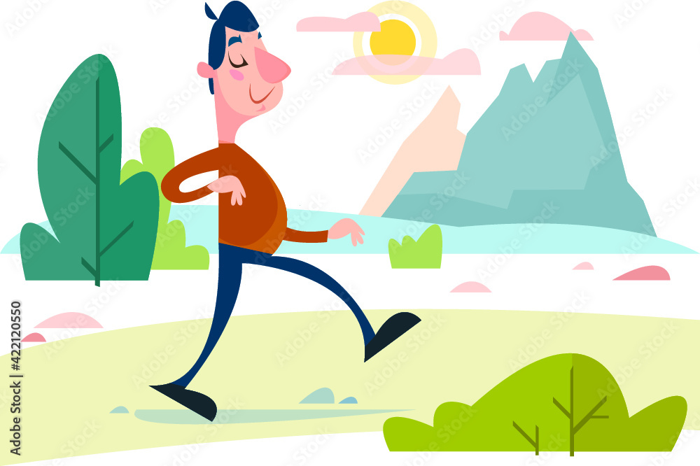 A man is walking along the road clipart cartoon character. Walk in the fresh air in nature. Vector illustration in cartoon style. A man is walking along the road clipart cartoon character. Walk in the fresh air in nature. Vector illustration in cartoon style.