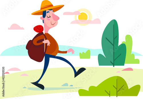 Tourist traveler with a backpack goes on the road. Hiking in nature. Vector illustration in cartoon style.