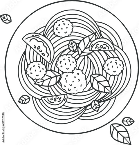 Graphic image in the form of coloring. Pasta with meatballs is a traditional food of Italy and Spain. Vector illustration in cartoon style.