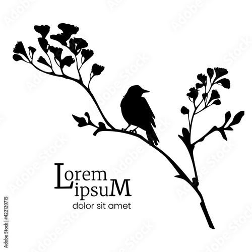 Black silhouette of spring flowering branch with bird.