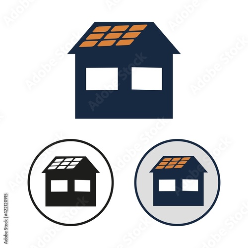 Simple vector icon of the home with photovoltaic cell on the roof.  Set of round black and white and color symbols of the building with solar panel