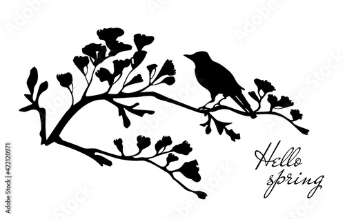 Black silhouette of flowering branch with bird. Floral design.