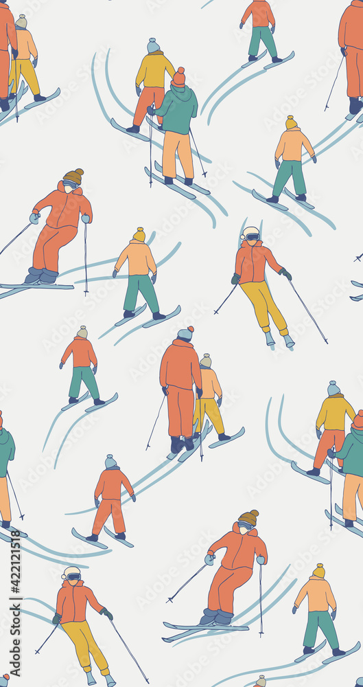 winter seamless pattern with hand drawn skiers In retro colors