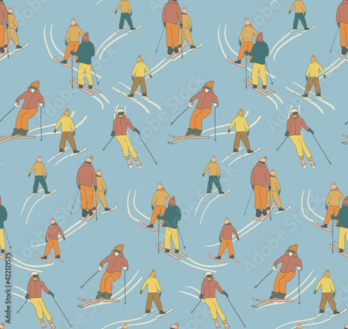winter seamless pattern with hand drawn skiers In retro colors