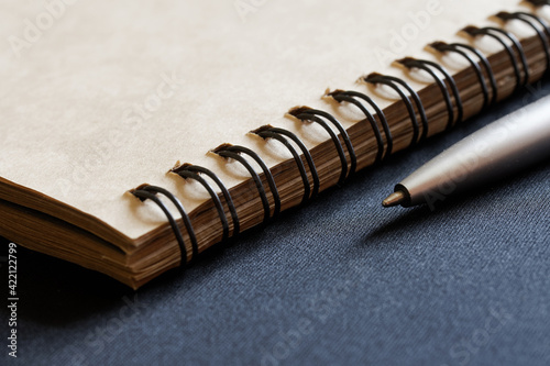 A metalized ballpoint pen rests against a dark, fakery background next to an eco-friendly recycled notebook. The concept of study and creativity, writing a book or script. Macro. photo