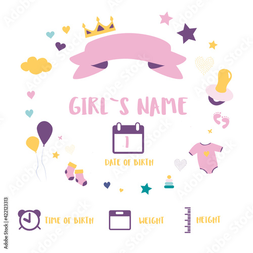 Children's posters, height, weight, date of birth. Cute illustration on white background. Illustration newborn metric for children bedroom.