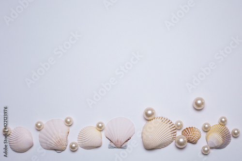 Sea shells and pearls on the white background, with free space for text. Top view, elegant flat lay. Beautiful background and template for your design.
