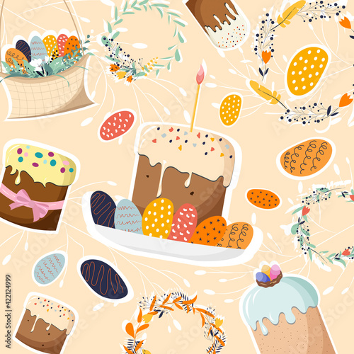Easter cakes and eggs. Vector illustration