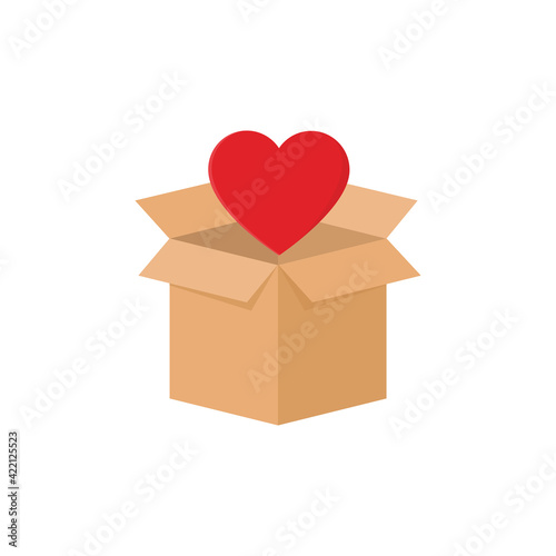 Heart in hand and box donation. Concept volunteering and charity. Cartoon flat design. Vector illustration.