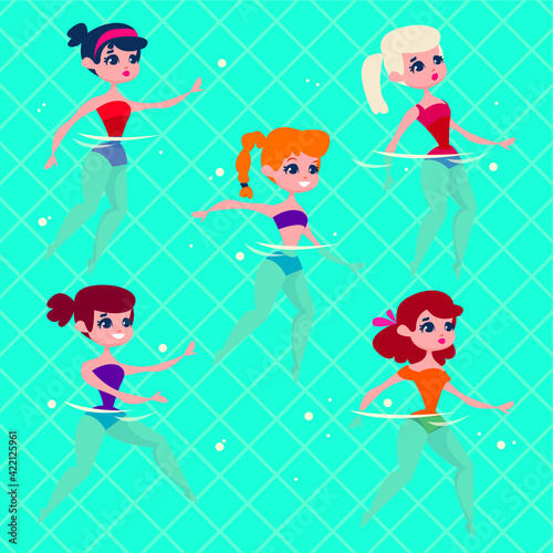 A group of girls are engaged on the background of the pool. Water aerobics with an instructor. Retro picture. Vector illustration in cartoon style.