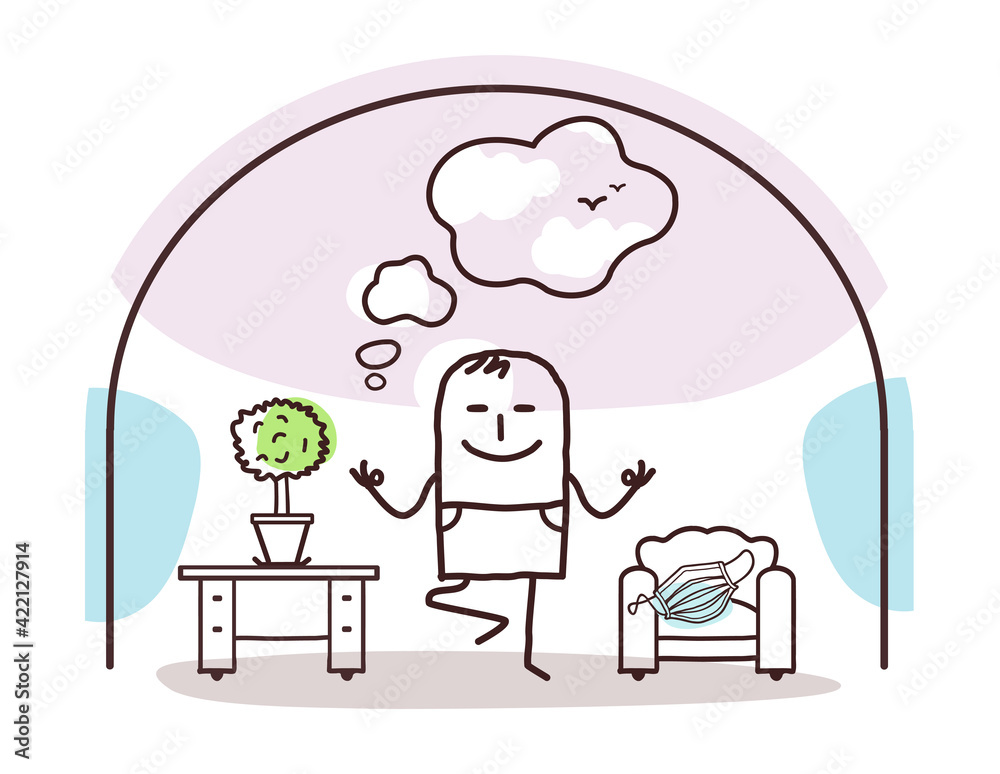 Cartoon Yoga man, Contained at home, dreaming of fresh Air Cartoon Yoga man, Contained at home, dreaming of fresh Air