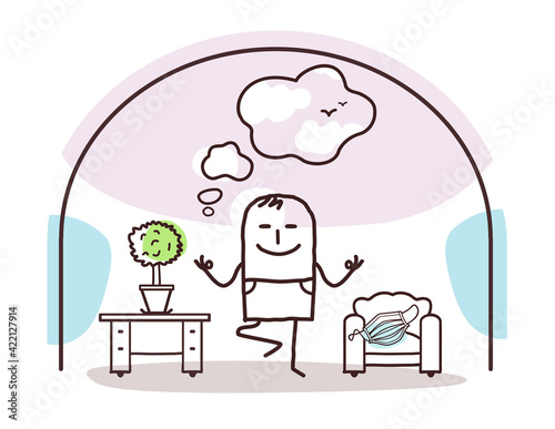 Cartoon Yoga man, Contained at home, dreaming of fresh Air