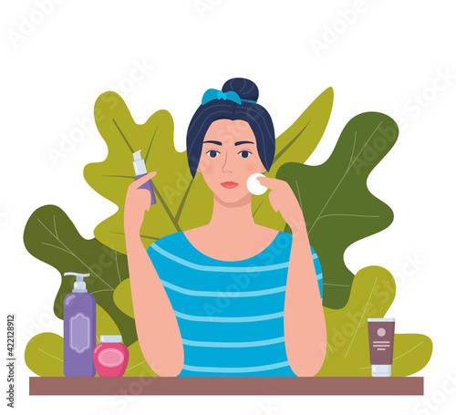 Young woman cleaning her face with cotton pad. Tubes and vials cosmetics, tropical leaves on background. Skin care concept for vegan organic cosmetics. Vector illustration.