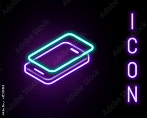 Glowing neon line Glass screen protector for smartphone icon isolated on black background. Protective film for glass. Transparent soft glass for mobile phone. Colorful outline concept. Vector