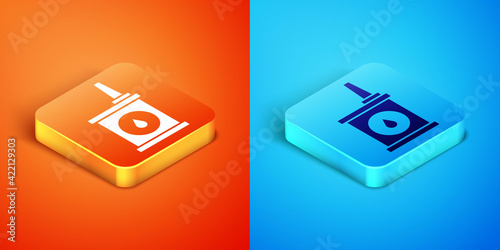 Isometric Canister for motor machine oil icon isolated on orange and blue background. Oil gallon. Oil change service and repair. Vector