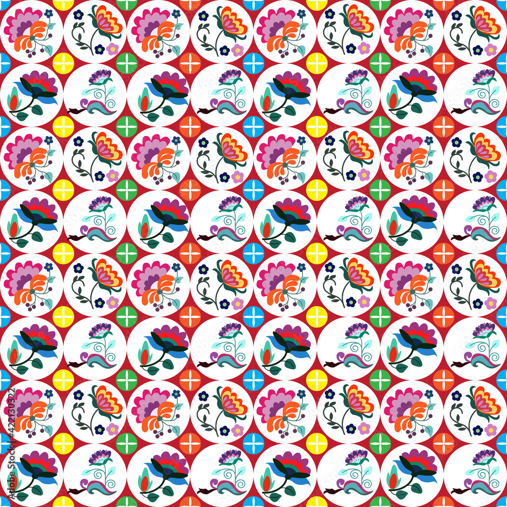 Seamless pattern with floral motifs in folk style, motifs drawn in a circle, elegant decorative cover, packaging, background. Vector Seamless pattern with floral motifs in folk style, motifs drawn in a circle, elegant decorative cover, packaging, background. Vector